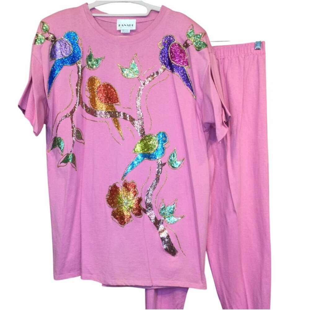 Vintage Colorful Bird Flower Glitter Embellished Pink T Shirt Pants Set Grandma